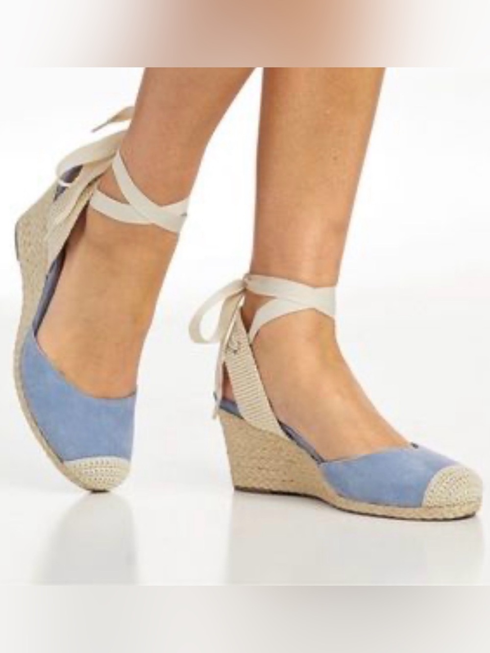 Vionic Maris Aruba Espadrille Wedge Heel Light Blue Cream Accents 7.5